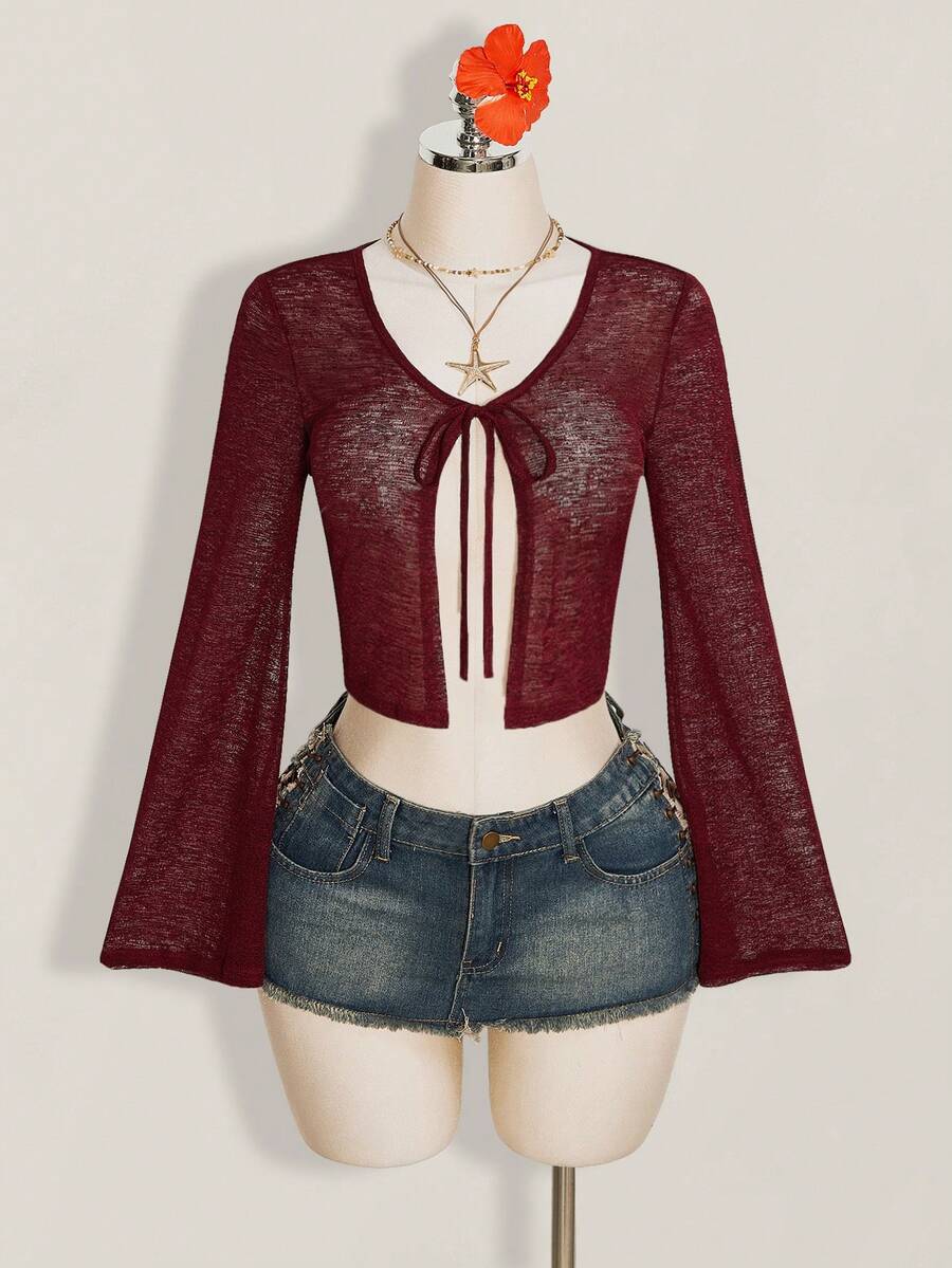 SHEIN ICON Solid Color Bell Sleeve Tie Front Cropped Top For Women - Burgundy - View 1