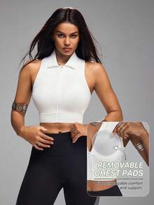 Innovista Innovista Sports Tank Top White Zip Front High Support Removable Bra Pad Breathable Mesh Back Sculpting Workout Gym Tennis Pilates - White - View 3