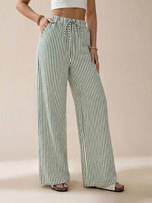 SHEIN Tall 條紋印花休閒日常穿著女款春夏長褲 - 墨綠色 - 查看 5