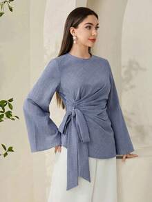 Veilorie 女士纯色圆领喇叭袖侧系带休闲衬衫 - 藍色 - 查看 6