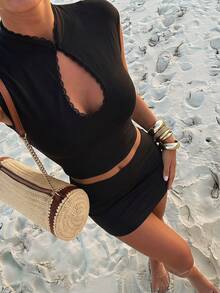 Dreamara Spring/Summer Women's Casual Tropical Sexy Vacation Black Lace Patchwork Knit New Chinese Style Stand Collar Frog Button Top And Mini Skirt Set - Black - View 2
