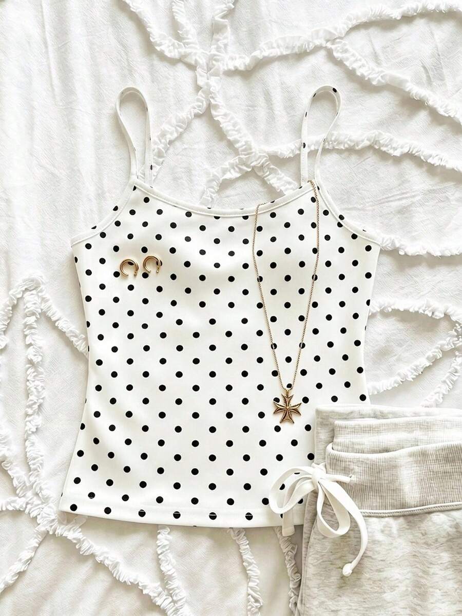Teen Girls Casual Streetwear Minimalist Spaghetti Strap Fitted Tank Top Polka Dot Pattern Summer Top White - Multicolor - View 1