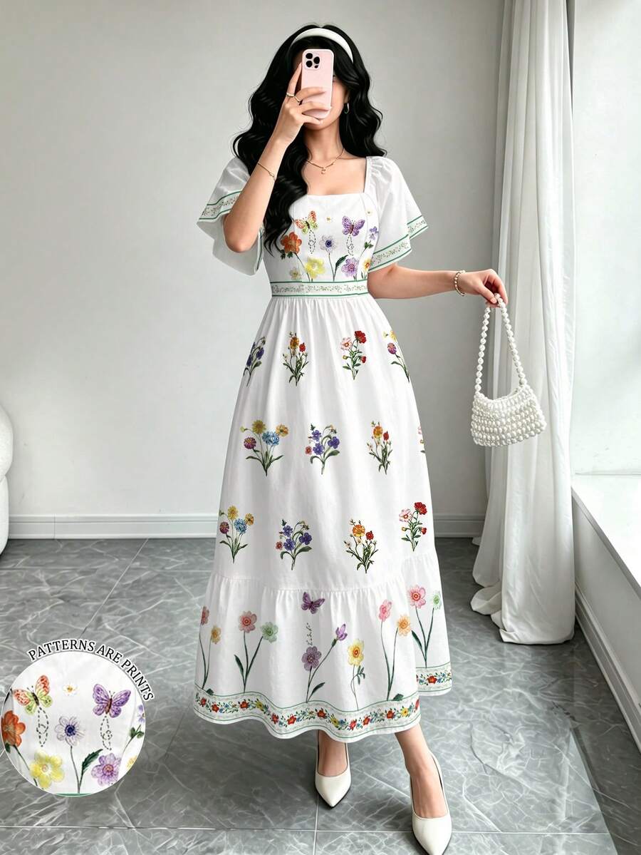 Modelyn 女款優雅花卉植物印花白色洋裝,時尚方領大荷葉袖小蓋袖洋裝,下擺拼接荷葉邊設計,波希米亞風女裝,適合夏季日常與外出穿著 - 彩色 - 查看 1