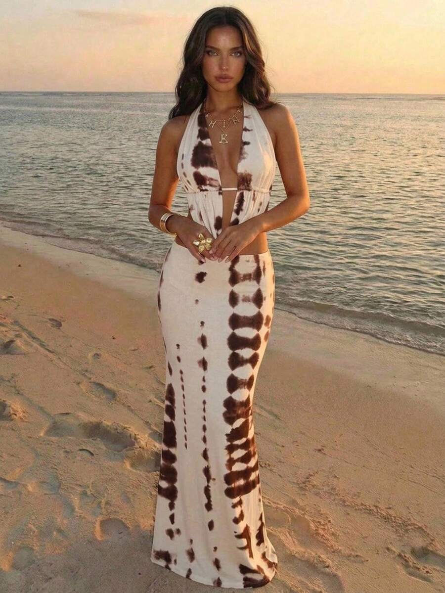 Aloruh Gaun Wanita Gaya Resort Model Deep V Motif Bintang Laut Warna Solid Beige Bertekstur Leher Halter Berlubang di Bagian Belakang dengan Tali Ikat dan Belahan Tinggi Ekstra Panjang