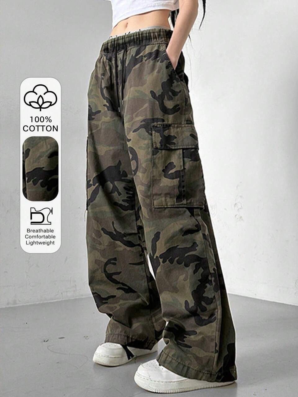 Women's Elastic Waist Drawstring Camouflage Loose Street Casual Pants