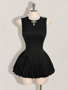 SHEIN ICON 女款條紋拼接配色法式溫柔圓領洋裝 - 黑與白 - 查看 6
