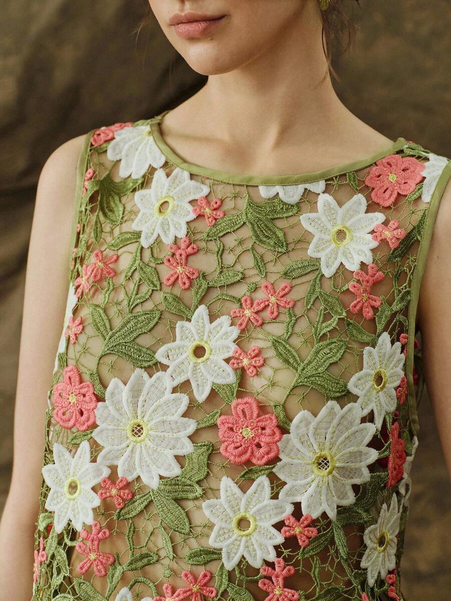 Arave Women's Loose Fit Round Neck Sleeveless Hollow Floral Asymmetrical Hem Design Casual Romantic Elegant Commute Wedding Top Garden Party Tea Party - Coral Pink - View 1