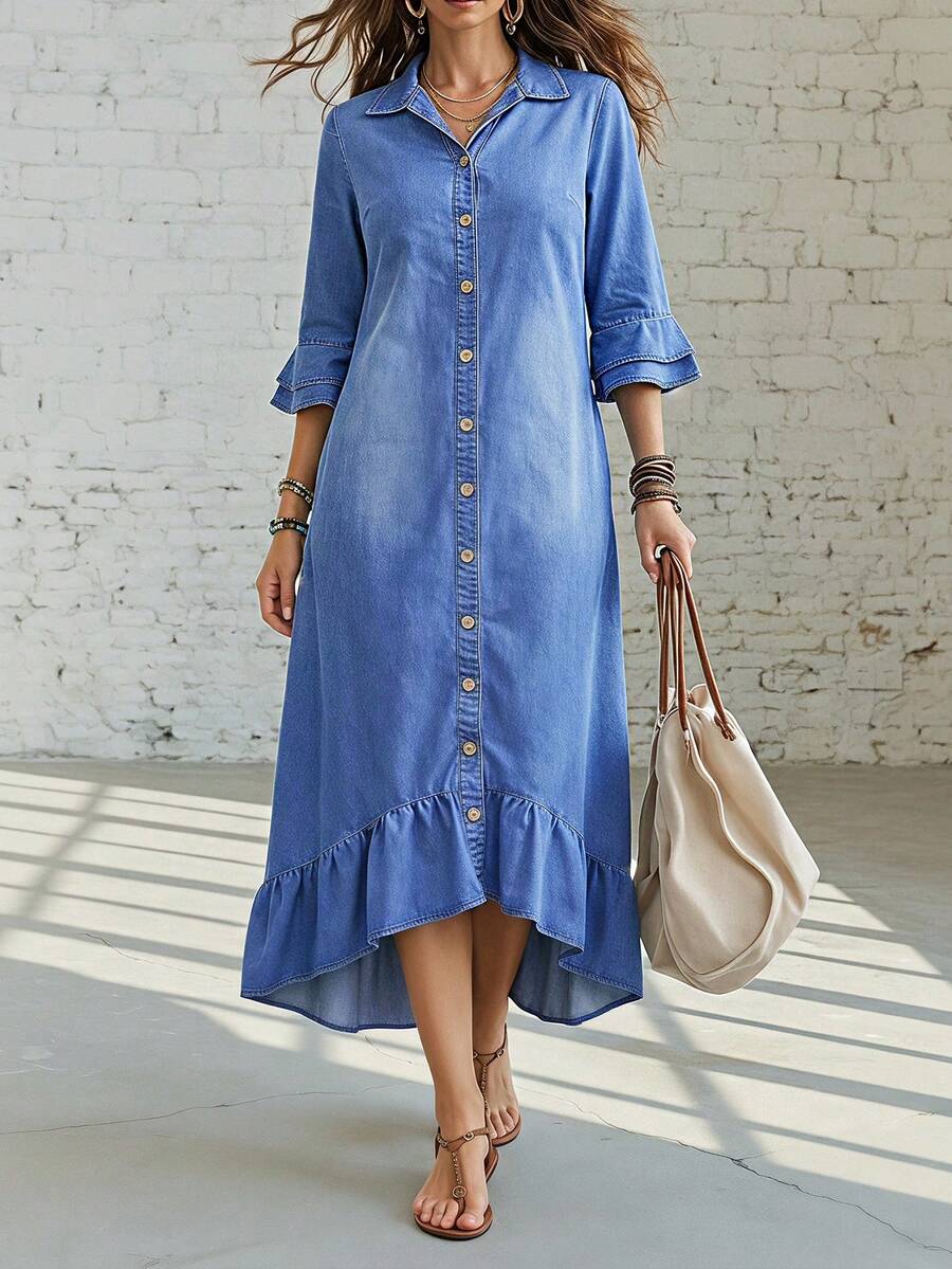 EMERY ROSE Plus Size Women's Flare Sleeve Single-Breasted Ruffle Hem Casual Denim Dress - Blue - View 1