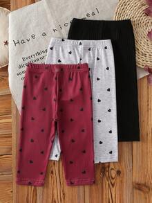 SHEIN Vintaside Kids 3件組女嬰粉色與灰色可愛針織燈芯絨彈性素色內搭褲/緊身褲 - 彩色 - 查看 3