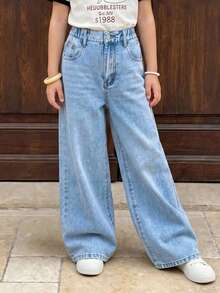 SHEIN Casuvi Kids Tween-mädchen-jeans Aus Lässigem, Weitem Bein In Distressed-waschung - Helle Waschung - Übersicht 3