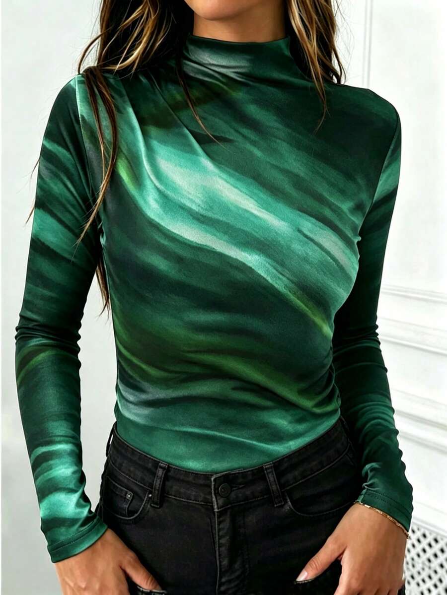 SHEIN LUNE Women Tie Dye Print Asymmetric Ruched Long Sleeve T-Shirt, Spring Summer Women Tops For Spring Fall - Green - View 1