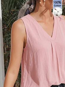 SHEIN Clasi 女款素色V領休閒無袖梭織上衣 - 粉色 - 查看 5