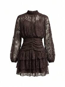 SHEIN Clasi 女款立領長袖荷葉邊蕾絲時尚迷你洋裝 - 棕色 - 查看 4
