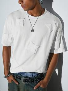 Mens White Letter Graphic Oversized T-Shirt Drop Shoulder Vintage Casual Streetwear Summer Tee - White - View 7