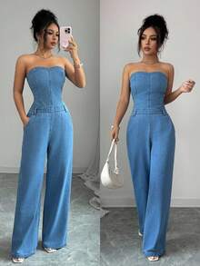 Selianne Sommerlicher, lässig-eleganter, schicker, trägerloser Jumpsuit aus dunkelindigofarbenem Denim mit Taillengürtel, Taschen, Business-lässig-Mode, weitem Bein und Jeansbein – perfekt für den Unabhängigkeitstag. - Blau - Übersicht 1