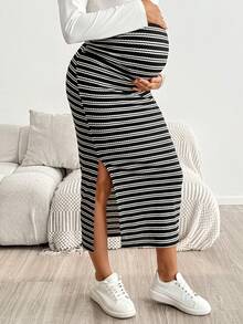 SHEIN 孕婦可調腰圍條紋側開衩下擺休閒裙 - 黑與白 - 查看 3