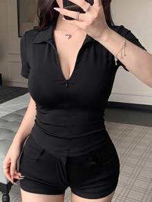 Joudiya 女款夏季黑色 Polo 衫，短袖，有領，休閒運動底層 T 恤 - 黑色 - 查看 3