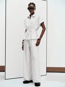 Aveloria Modichic Women's Two Piece Set Fitted Waist Wide Leg Lapel Short Sleeve Belted High Waist Elegant Vintage White And Black Polka Dot Teachers' Day Office Summer - Multicolor - View 4