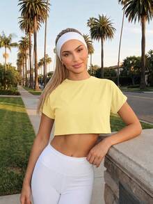 Fluxe Camiseta casual de mujer de punto de cuello redondo, manga corta, holgada y corta de unicolor - Amarillo - Ver 6