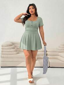 Solflare Mint Green Plus Size Women's Button Short Sleeve Pocket Jumpsuit Dress - Mint Green - View 5