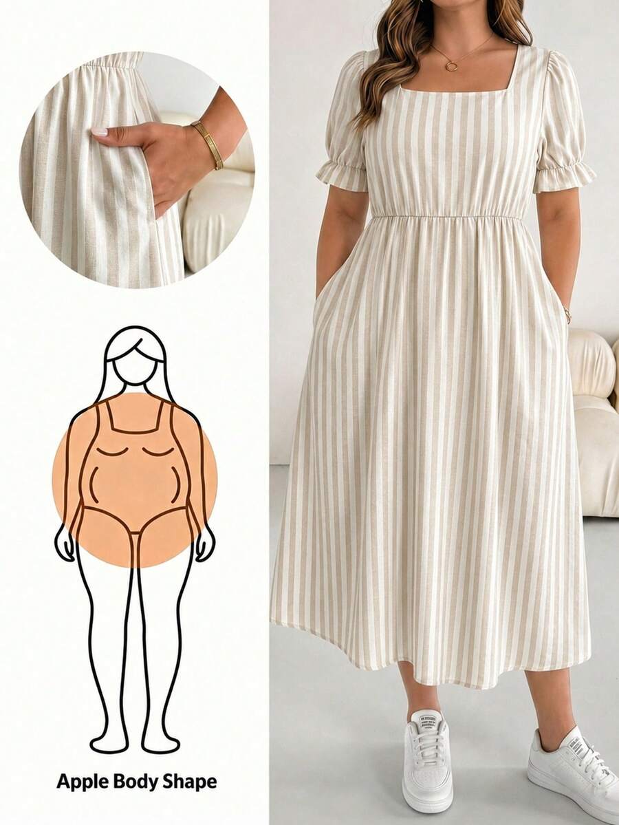 SHEIN Essnce 大尺碼女款方領短澎澎袖口袋休閒條紋洋裝 - 彩色 - 查看 1