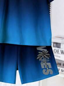 SHEIN 兒童青少年男孩休閒街頭風舒適時尚簡約圓領短袖T恤與短褲套裝 度假海軍藍夏季 - 彩色 - 查看 4