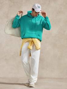 Courvante Men Slogan Graphic Kangaroo Pocket Drop Shoulder Hoodie, Fall, Long Sleeve Top, Tennis - Mint Blue - View 8