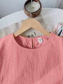 SHEIN 兒童青少年女孩 T-shirt 套裝 梭織純色短袖上衣與碎花長褲休閒套裝 - 粉色 - 查看 7