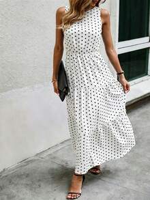 Louniche Vestido Maxi de Mujer con Lunares, Sin Mangas, Dobladillo con Volantes y Silueta A - Blanco - Ver 3