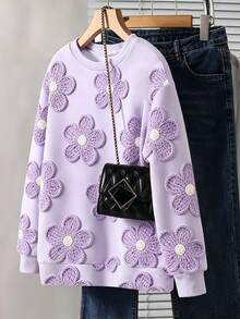 SHEIN 紫色圓領女童運動衫，3D花卉圖案印花，適合外出、日常百搭百搭，適合秋冬穿著，個性甜美 - 彩色 - 查看 5