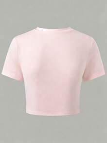 Tween Girl Summer Casual Versatile Solid Color Cropped T-Shirt - Pink - View 2