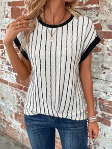 EMERY ROSE Women's Round Neck Black And White Striped Colorblock Casual Versatile Daily Wear T-Shirt Daily Summer Daily - Multicolor - View 8