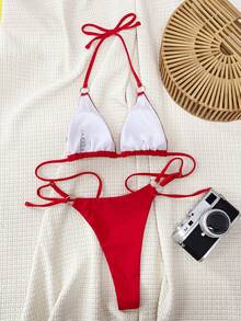 Swim Vcay 女款夏季海灘比基尼泳衣，環扣連接三角胸罩與丁字褲式泳裝 - 紅色 - 查看 2