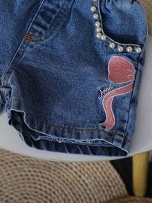SHEIN Playful Pals 女童夏季新款蝴蝶結印花短袖T恤上衣 + 蝴蝶刺繡短褲 2件套 - 粉色 - 查看 6