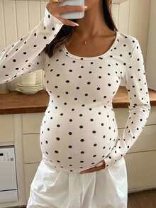 DAZY Fashion Polka Dot Large Scoop Neck Long Sleeve Base Layer T-Shirt For Maternity Daily Wear Early Autumn - Apricot - View 3