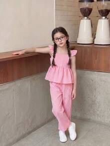 SHEIN Casuvi Kids Top de tirantes ajustado de estilo casual de vacaciones en color amarillo para niñas, blusas de verano, de ajuste suave y delgado, diseño de moda adecuado para vacaciones, viajes, campus y uso diario - Rosa - Ver 4