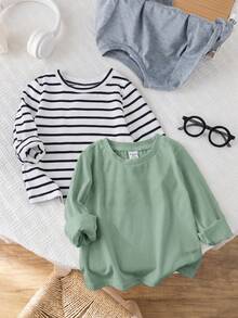 SHEIN Baby Boy Baby Girl Spring/Autumn Black & White Striped Solid Color Round Neck Long Sleeve Pullover Top 3 Pieces Set - Multicolor - View 10