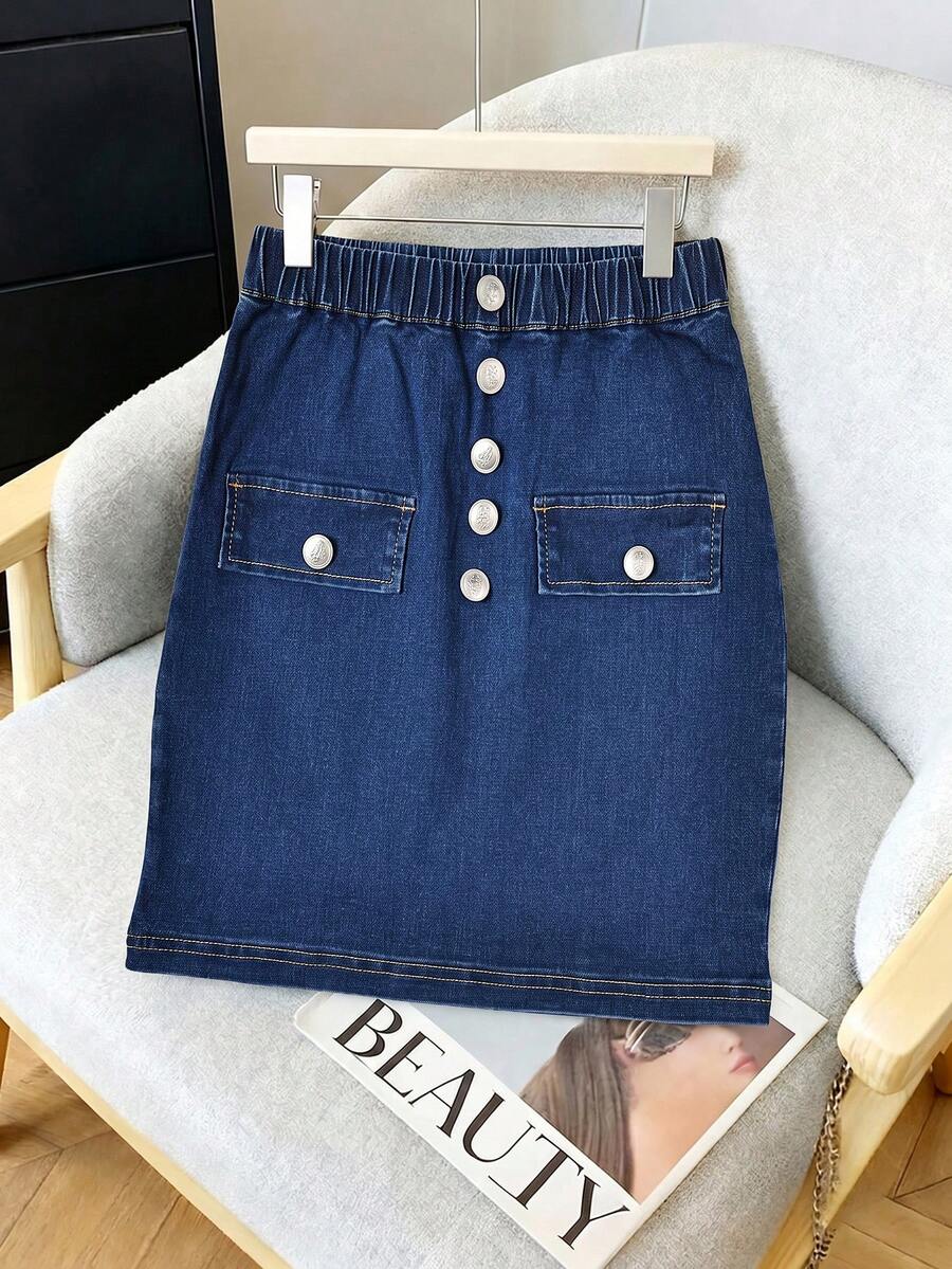 GlowEve Vintage Casual Retro Style Navy Blue Button Pocket Straight Leg High Waist Daily Wear Denim Skirt For Women Back-To-School Everyday School Summer - Blue - View 1