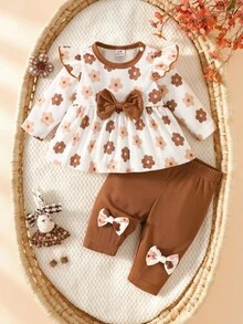 SHEIN Conjunto de top de manga larga con lazo floral estilo suave color marrón con temática otoñal y pantalones para bebés recién nacidas - Marrón - Ver 3