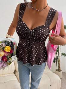 Solflare Brown Plus Size Women's Polka Dot Pattern Front Tie Top - Brown - View 4