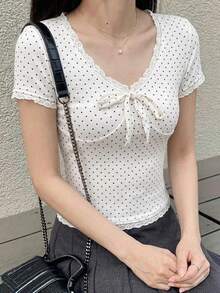 Dazy Tall 女款高個子長袖波點蕾絲拼接休閒T恤，適合高個女孩的可愛上衣 - 彩色 - 查看 6