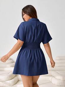 Solflare Plus Size Women's Solid Color Pleated Casual Party Short Sleeve Dress - Navy Blue - View 2