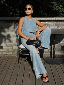 Dazy Tall 女款牛仔背心與長褲休閒街頭風兩件套，度假風夏季日常旅行淺藍色 - 淺色水洗藍 - 查看 6