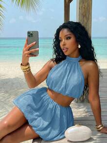 Slaydiva Summer Birthday Party Back To School Preppy Breezy Casual Vacation Beach Street Style Sexy Elegant Sleeveless Halter Tulip Top Skorts Women's Set - Baby Blue - View 8