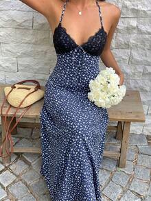Sunnyshic Women's Vacation Long Dress Navy Blue Floral Contrast Lace Trim Patchwork V-Neck Halter Tie Back Open Back Cinched Waist A-Line Spring Summer Beach - Navy Blue - View 5