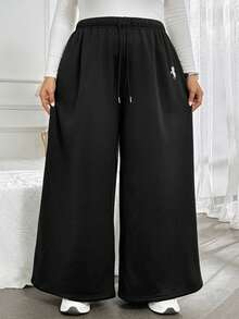 SHEIN CURVE+ 秋冬款黑白條紋休閒百搭抽繩大尺碼長褲，2026 22W - 黑色 - 查看 3