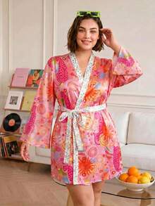 Chillnights Casual Colorful Sun Face Leopard Contrast Polka Dot Print Satin Plus Size Robe - Multicolor - View 1
