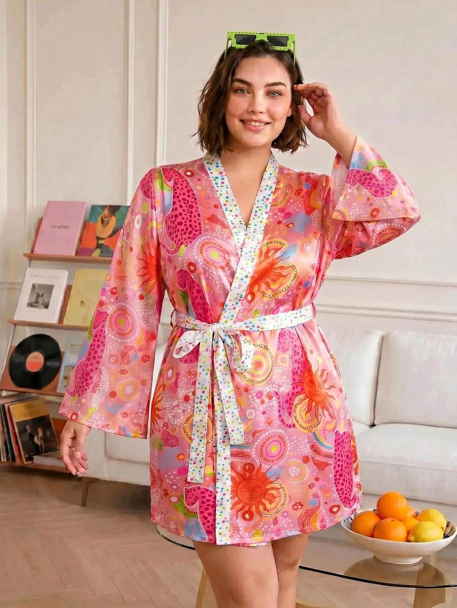 Chillnights Casual Colorful Sun Face Leopard Contrast Polka Dot Print Satin Plus Size Robe - Multicolor - View 1