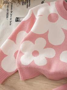 SHEIN Playful Pals 女嬰秋冬時尚休閒可愛圖案提花針織長袖上衣與長褲套裝 - 粉色 - 查看 5