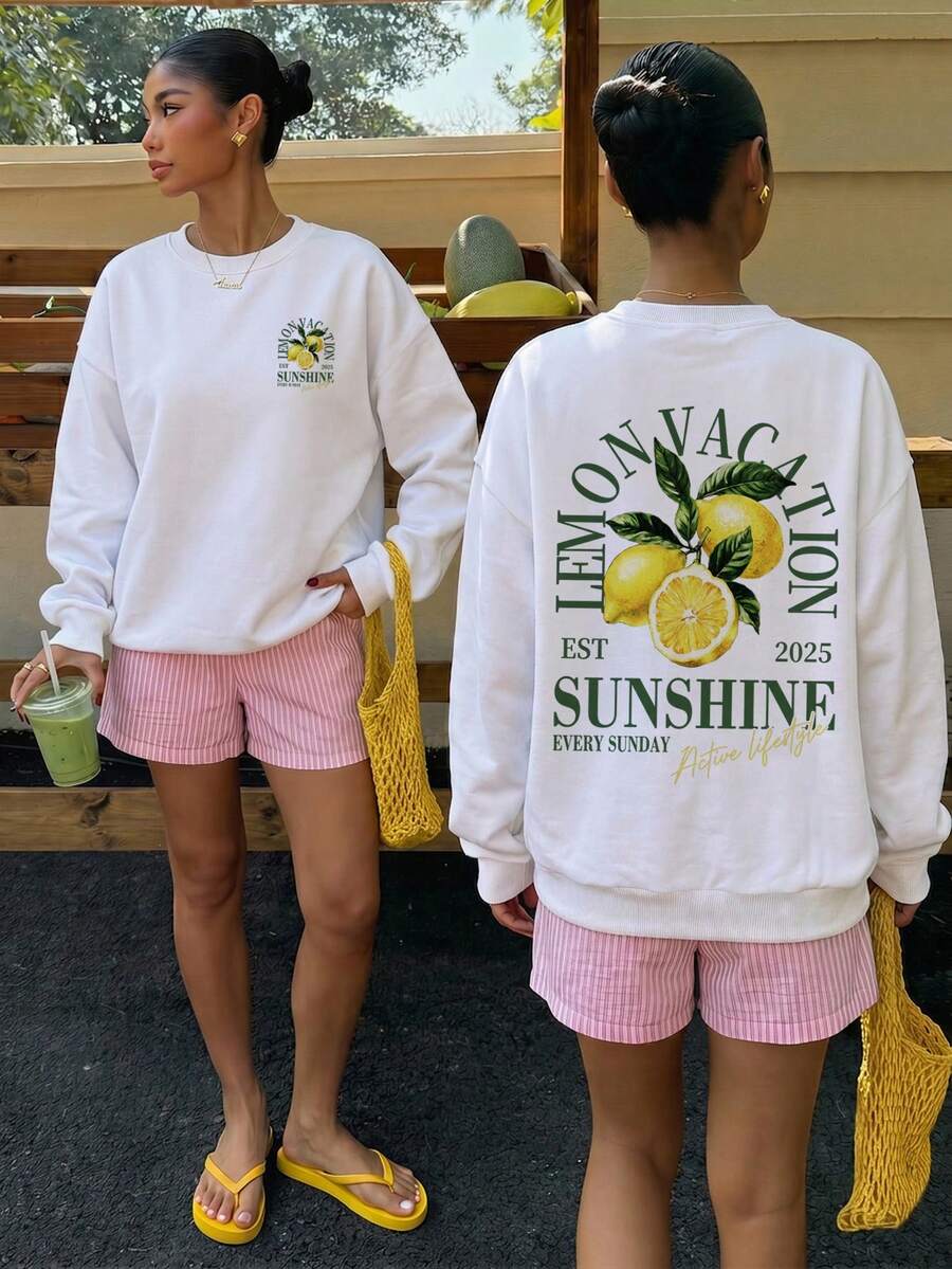 Muchica 女款休閒白色運動衫，檸檬印花，夏季服飾，外出，百搭，度假，海灘，適合日常通勤，約會，聚會，秋冬春夏，聖誕節，新年，感恩節，派對，婚禮，海灘，畢業典禮，時尚，優雅，休閒，外出，約會，約會，通勤 - 白色 - 查看 1